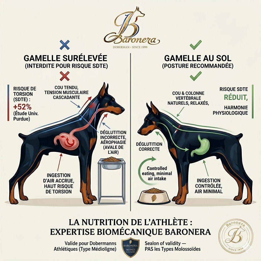 Planche d'expertise biomécanique Baronera : comparaison gamelle au sol (recommandée, posture naturelle) vs gamelle surélevée (risque SDTE, cou tendu, aérophagie). Valide pour Dobermanns Athlétiques Noir et Feu.