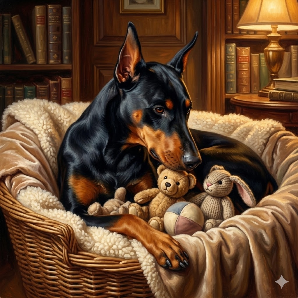 Dobermann comportement nichage doudous panier