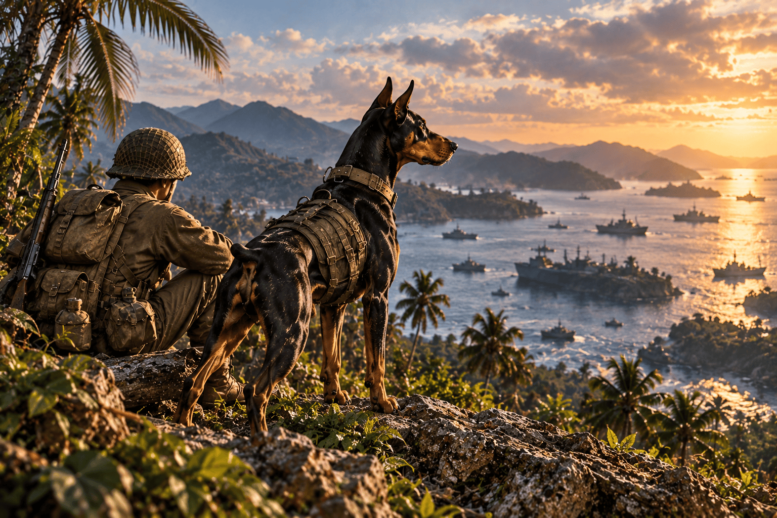 Dobermann américain avec les Marines dans le Pacifique